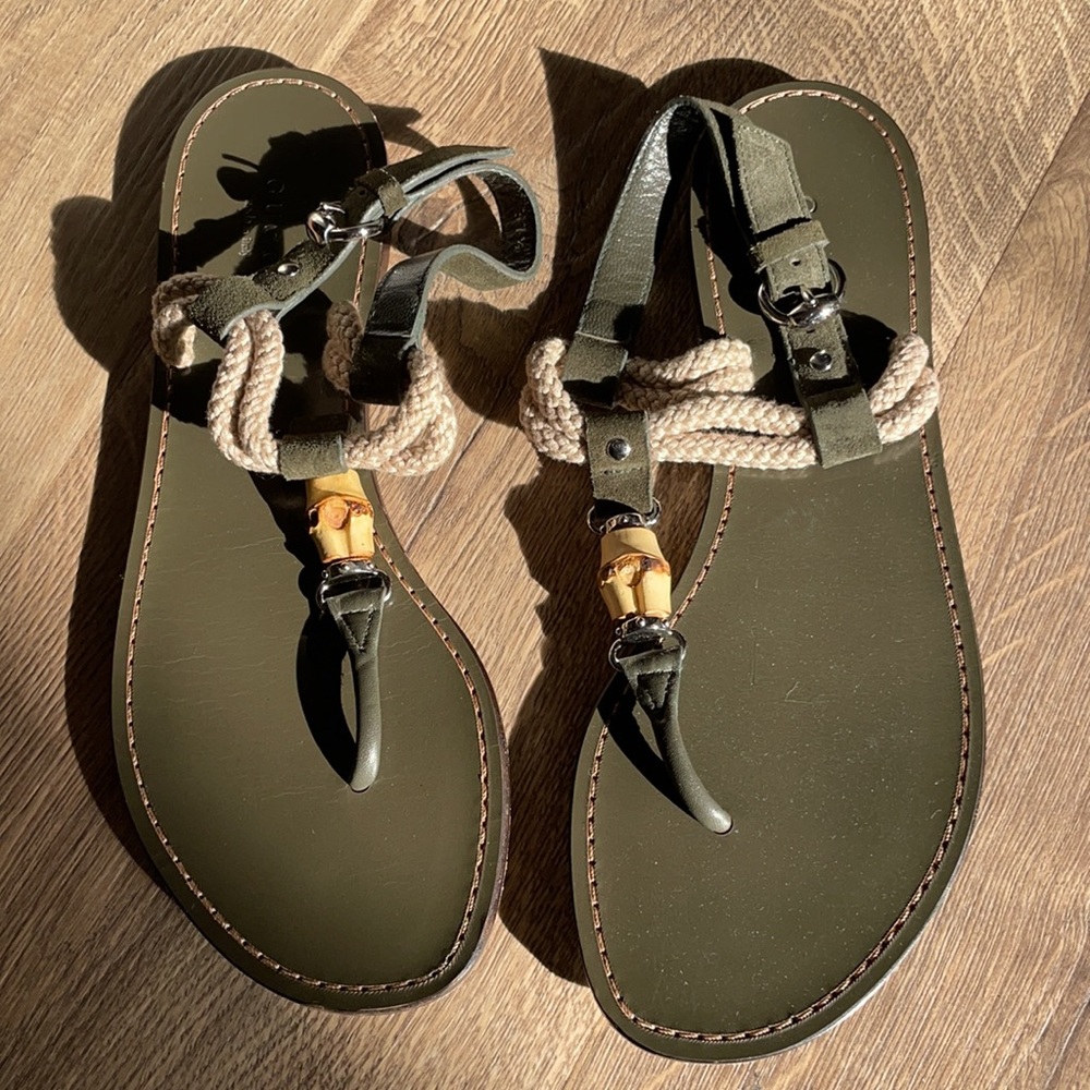 Gucci Green Leather/Suede Bamboo Sandals 37.5